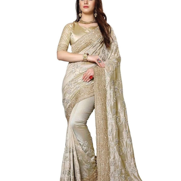 Beige Mayo Silk Zari Resham Stone Embroidery Work Saree with Blouse Piece