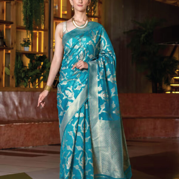 Blue Organza Saree with Unstitched Blouse
