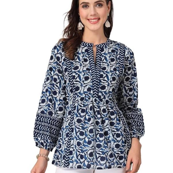Polyester Women’s Floral Placement 3/4 Sleeve and Keyhole Neck Printed Short Kurti (Copy)